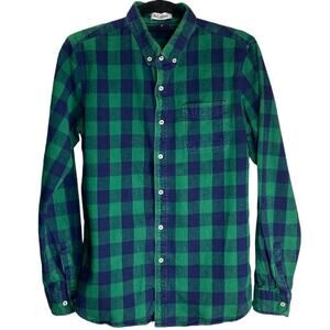 M¡Cotton Mens Western Check Flannel Plaid Button Up Shirt Green Blue Size Small